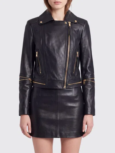 Elisabetta Franchi Slim-fit Leather Biker Jacket With Asymmetrical Zip In Blue