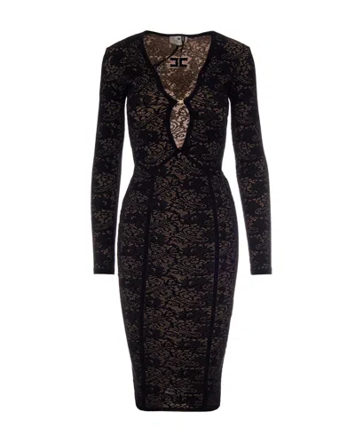 Elisabetta Franchi Slim-fit Midi Dress With V-neckline And Jacquard Detailing In Black