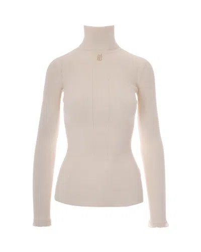 Elisabetta Franchi Slim-fit Turtleneck Sweater With Ruffled Cuffs In Neutral