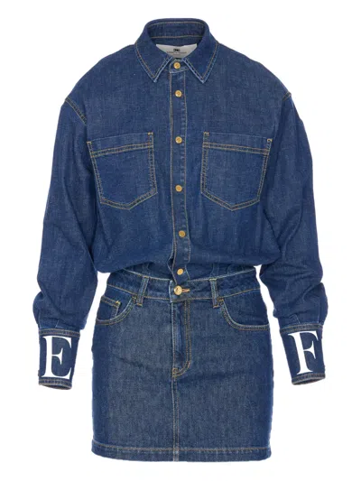 Elisabetta Franchi Shirt-style Denim Dress With Contrast Stitching In Blue