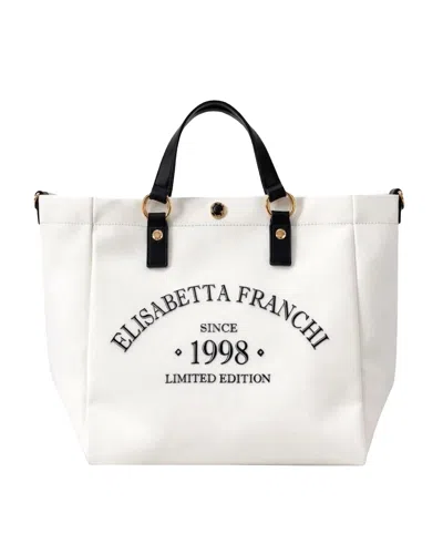 Elisabetta Franchi Spacious Ivory And Black Tote Bag With Gold Accents In White