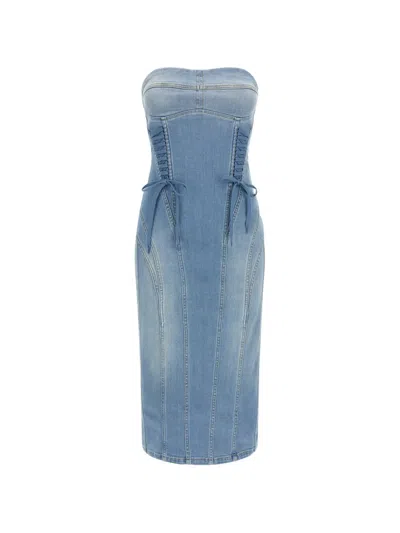 Elisabetta Franchi Stonewashed Cotton Denim Midi Dress With Off-the-shoulder Neckline In Blue
