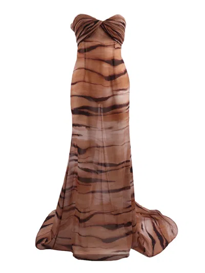 Elisabetta Franchi Strapless Abstract Stripe Evening Dress In Brown