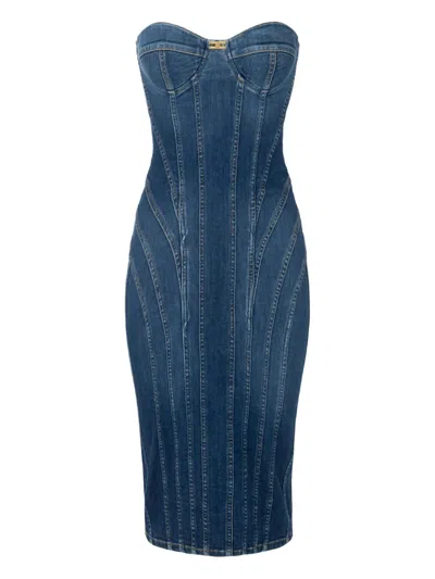 Elisabetta Franchi Strapless Denim Midi Dress In Blue