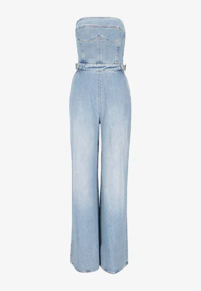 Elisabetta Franchi Strapless Denim Wide-leg Jumpsuit In Blue