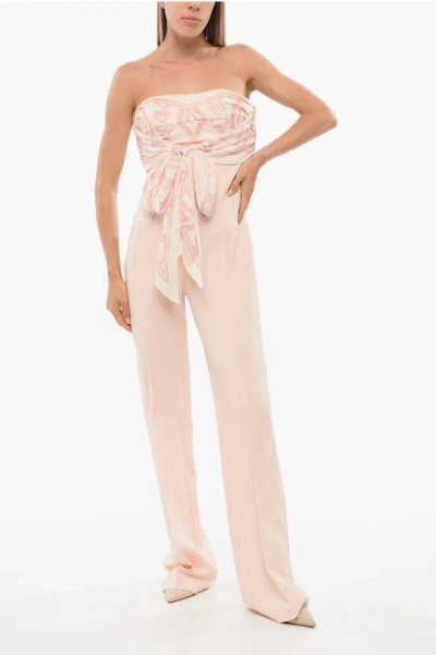 Elisabetta Franchi Strapless Jumpsuit With Foulard Detail In Neutral