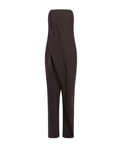 Elisabetta Franchi Pinstriped Jumpsuit In Cool Wool Fabric In Brown