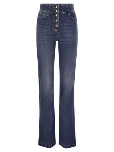 Elisabetta Franchi Stretch Cotton Flared Jeans With Central Button Placket In Blue Denim