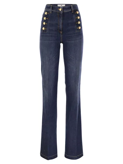 Elisabetta Franchi Stretch Cotton Flared Jeans With Side Button Fastening In Navy
