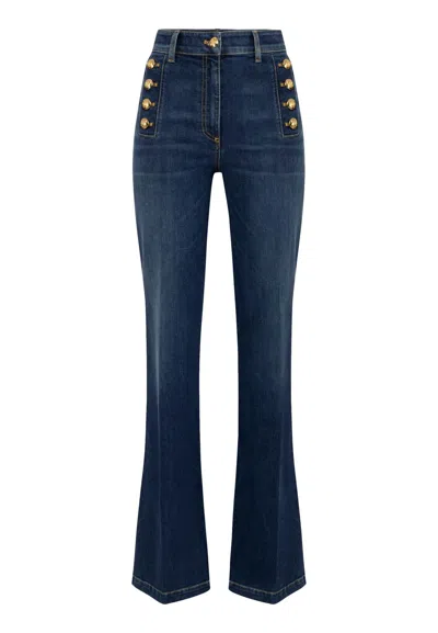 Pre-owned Elisabetta Franchi Stretch Cotton Flared Jeans With Side Buttons Pj67d46e2 In Blue