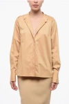 Elisabetta Franchi Stretch Cotton Shirt With Mandarin Collar In Brown