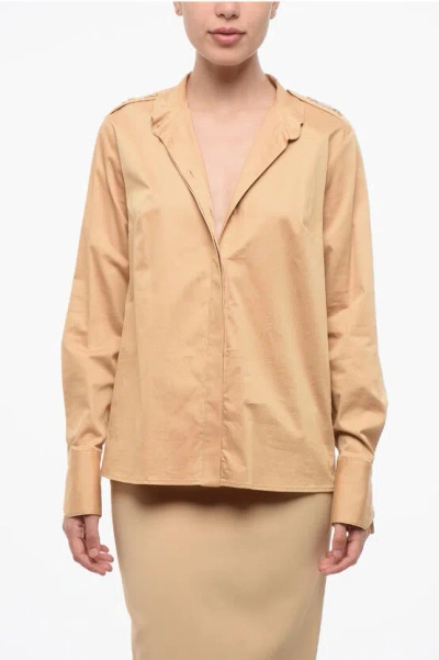 Elisabetta Franchi Stretch Cotton Shirt With Mandarin Collar In Brown