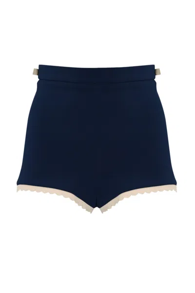 Elisabetta Franchi Stretch Crepe Shorts With Embroidered Scalloped Trim In Oltremare/burro