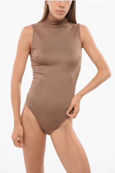 Elisabetta Franchi Stretch Fabric Bare Back Bodysuit In Brown