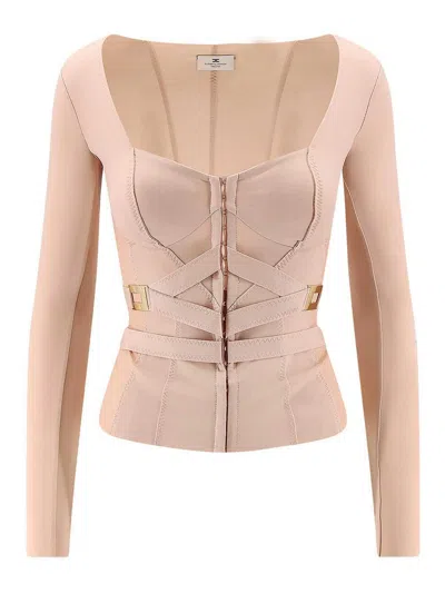 Elisabetta Franchi Stretch Fabric Top With Metal Details In Neutral