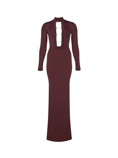 Elisabetta Franchi Stretch Knit Long Dress In Brown