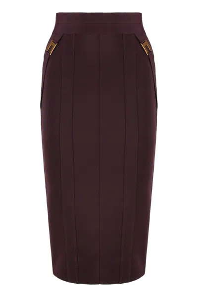 Elisabetta Franchi Gold-colored Buckle Accents Burgundy Midi Skirt