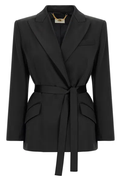 Elisabetta Franchi Stretch Satin Blazer Belted Tailored Design In Black