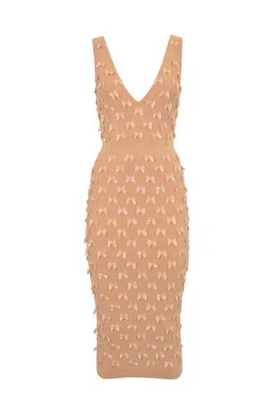 Elisabetta Franchi Stretch Viscose Dress With Bows In Peach Rose