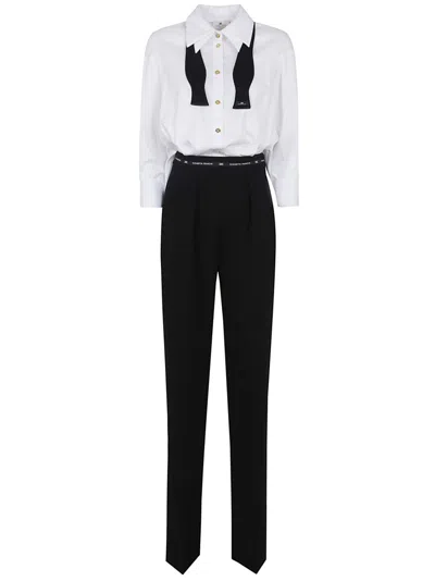 Elisabetta Franchi Striking Jumpsuit With Double Collar And Logo Ribbon Waistband In Black