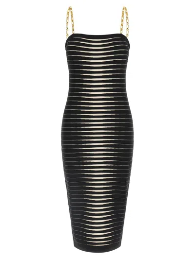 Elisabetta Franchi Black Sleeveless Dress With Removable Chain Straps And All-over Stripe Motif In Stretch Viscose For In Multi