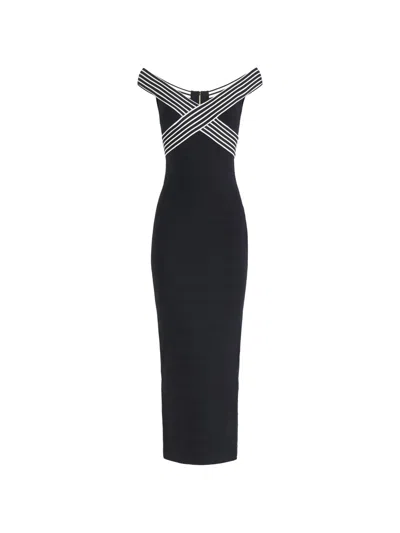 Elisabetta Franchi Knit Long Dress With Striped Bands Clothing In Black