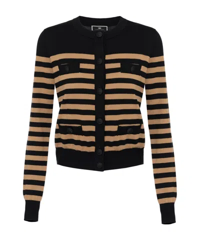 Elisabetta Franchi Striped Wool Cardigan In Nero/camel