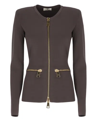 Elisabetta Franchi Structured Brown Elastic Sweater With Maxi Gold Zippers
