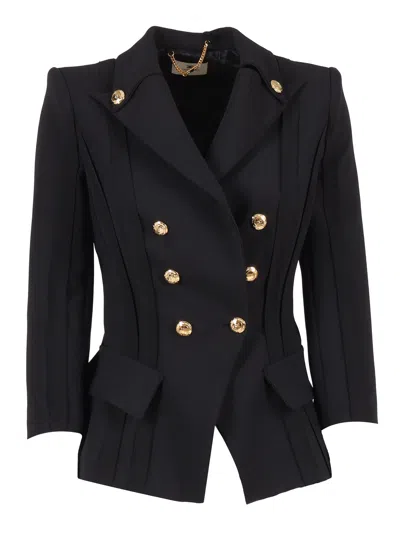 Elisabetta Franchi Structured Double Breasted Shoulder Blazer In Blue