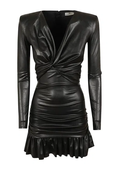 Elisabetta Franchi Structured Draped Ruffled Synthetic Leather Mini Dress In Black