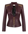 Elisabetta Franchi Brown Faux Leather Jacket With Gold Hooks And Shoulder Details In Burgundy