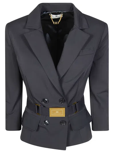 Elisabetta Franchi Tailored Double Breasted Belted Jacket In Gray