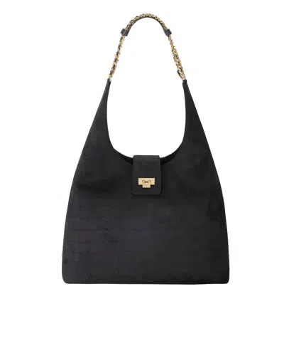 Elisabetta Franchi Suede Hobo Bag With Crocodile Embossing And Gold Chain Details In Black