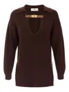 Elisabetta Franchi Knitwear Collared Design Long Sleeves Ribbed Texture V-neckline In Brown