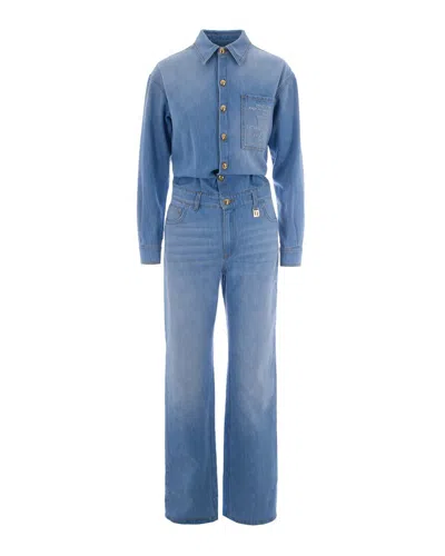 Elisabetta Franchi Denim Jumpsuit With Lettering Detail In Blue