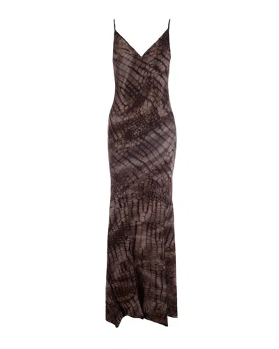 Elisabetta Franchi Brown Sleeveless Long Dress With V Neck And All-over Animal Print In Viscose Stretch Woman