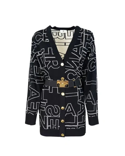 Elisabetta Franchi Black Lettering Wool Blend Cardigan In Multi