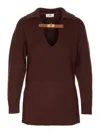 Elisabetta Franchi Knitwear Collared Design Long Sleeves Ribbed Texture V-neckline In Brown