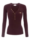 Elisabetta Franchi Fitted Ribbed Knit Top With Decorative Buttons And Gold Accent In Burgundy