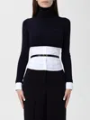 Elisabetta Franchi Turtleneck Top With Contrasting Poplin Insert And Logo Buckle In Blue