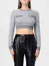 Elisabetta Franchi Cropped Grey Melange Sequin Sweater With Jewel Buttons In Gray
