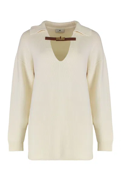 Elisabetta Franchi Sweater In Mixed Wool With A Jewel Strap In Neutral