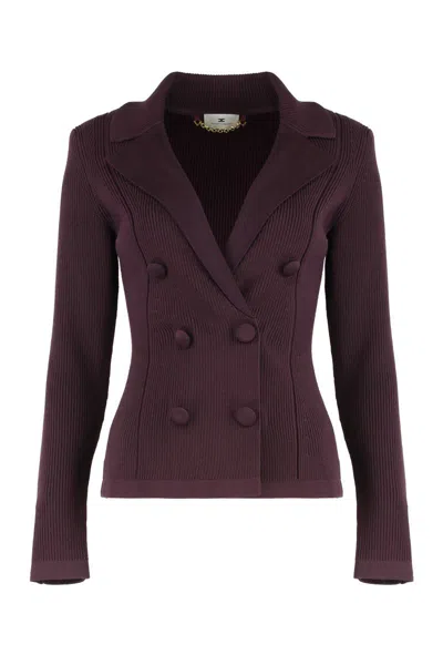 Elisabetta Franchi Viscose Knit Double Breasted Jacket Shiny Lapels In Brown