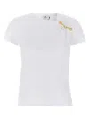 Elisabetta Franchi Asymmetric Neckline T-shirt With Gold Brooch Accents In White