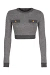 Elisabetta Franchi Cropped Grey Melange Sequin Sweater With Jewel Buttons In Gray