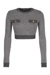 Elisabetta Franchi Cropped Grey Melange Sequin Sweater With Jewel Buttons In Gray