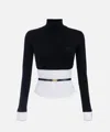 Elisabetta Franchi Turtleneck Top With Contrasting Poplin Insert And Logo Buckle In Black