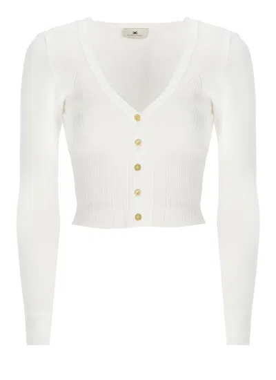 Elisabetta Franchi Cropped Ribbed Knit V-neck Cardigan In White