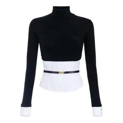 Elisabetta Franchi Sweater With Shirt Effect Bottom In Black