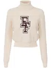 Elisabetta Franchi Chic Beige Long Neck Sweater With Burgundy Logo For Women In Bianco E Bordeaux